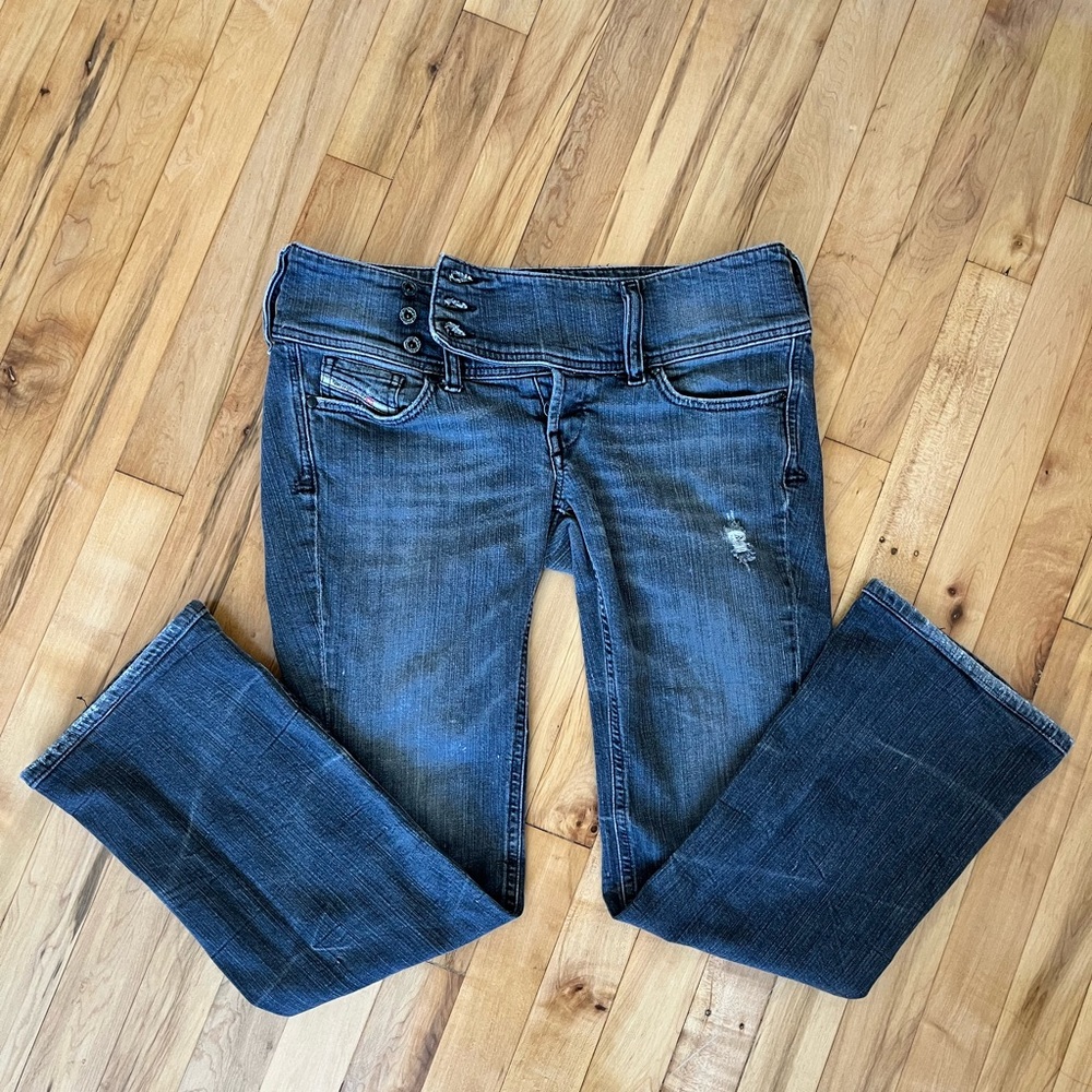 gray low waisted flare jeans